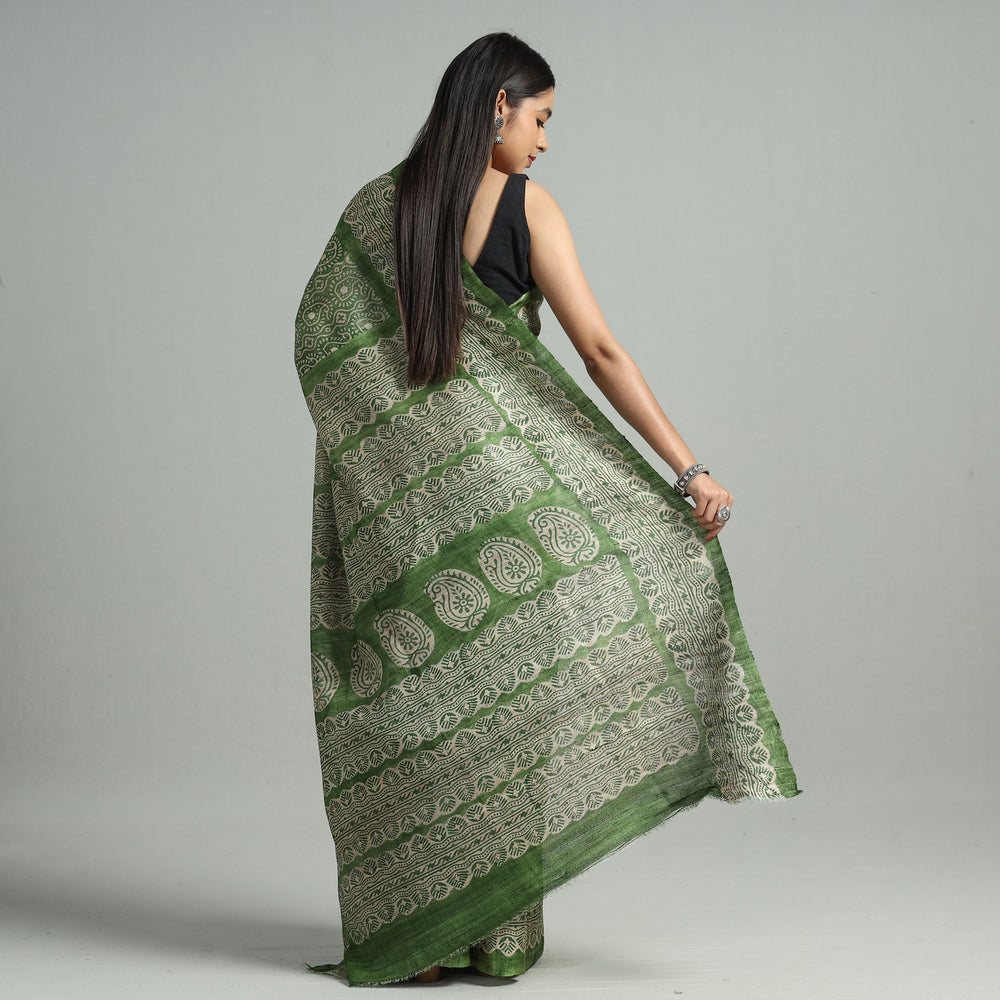 Green - Bengal Block Printed Handloom Tussar Ghicha Silk Saree 02