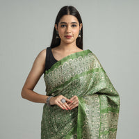 Green - Bengal Block Printed Handloom Tussar Ghicha Silk Saree 02