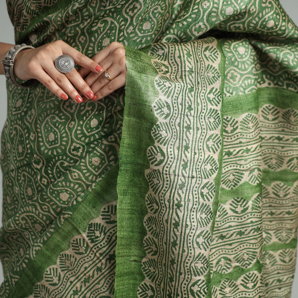 Green - Bengal Block Printed Handloom Tussar Ghicha Silk Saree 02