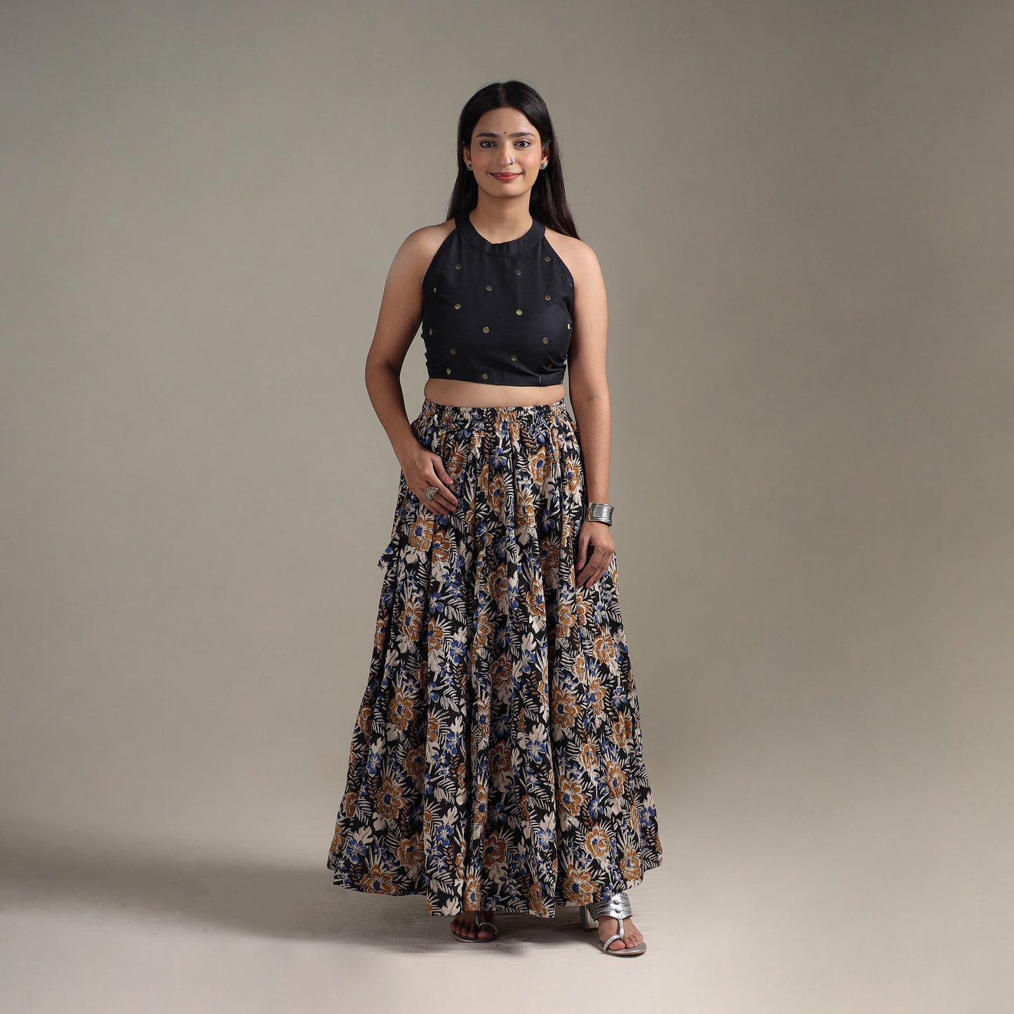 Bagru Hand Block Print 24 Kali Patchwork Natural Dyed Cotton Long Skirt 16