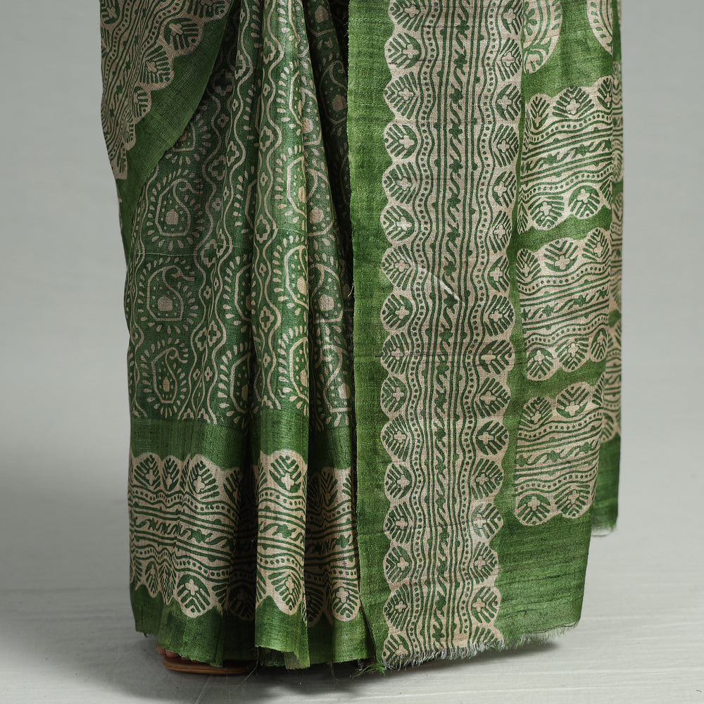 Green - Bengal Block Printed Handloom Tussar Ghicha Silk Saree 02