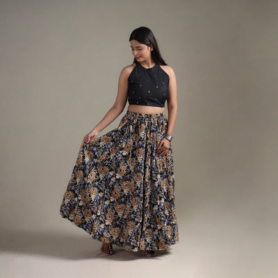 Bagru Hand Block Print 24 Kali Patchwork Natural Dyed Cotton Long Skirt 16