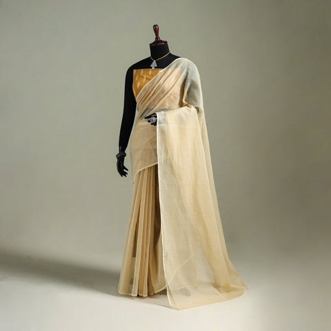 Beige - Nazaakat Kota Doria Cotton Plain Saree with Blouse & Jewellery Set 30