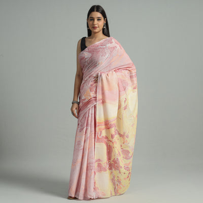 Pink - Hand Marble Printed Mul Cotton Saree 17