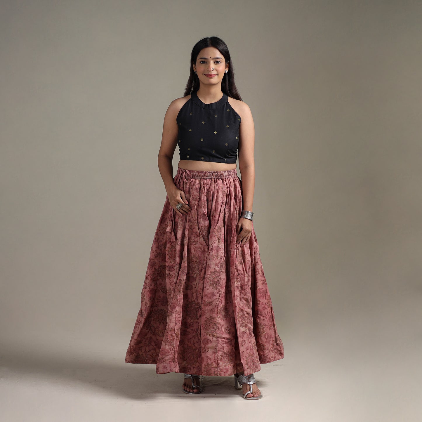 Bagru Hand Block Print 24 Kali Patchwork Natural Dyed Cotton Long Skirt 17