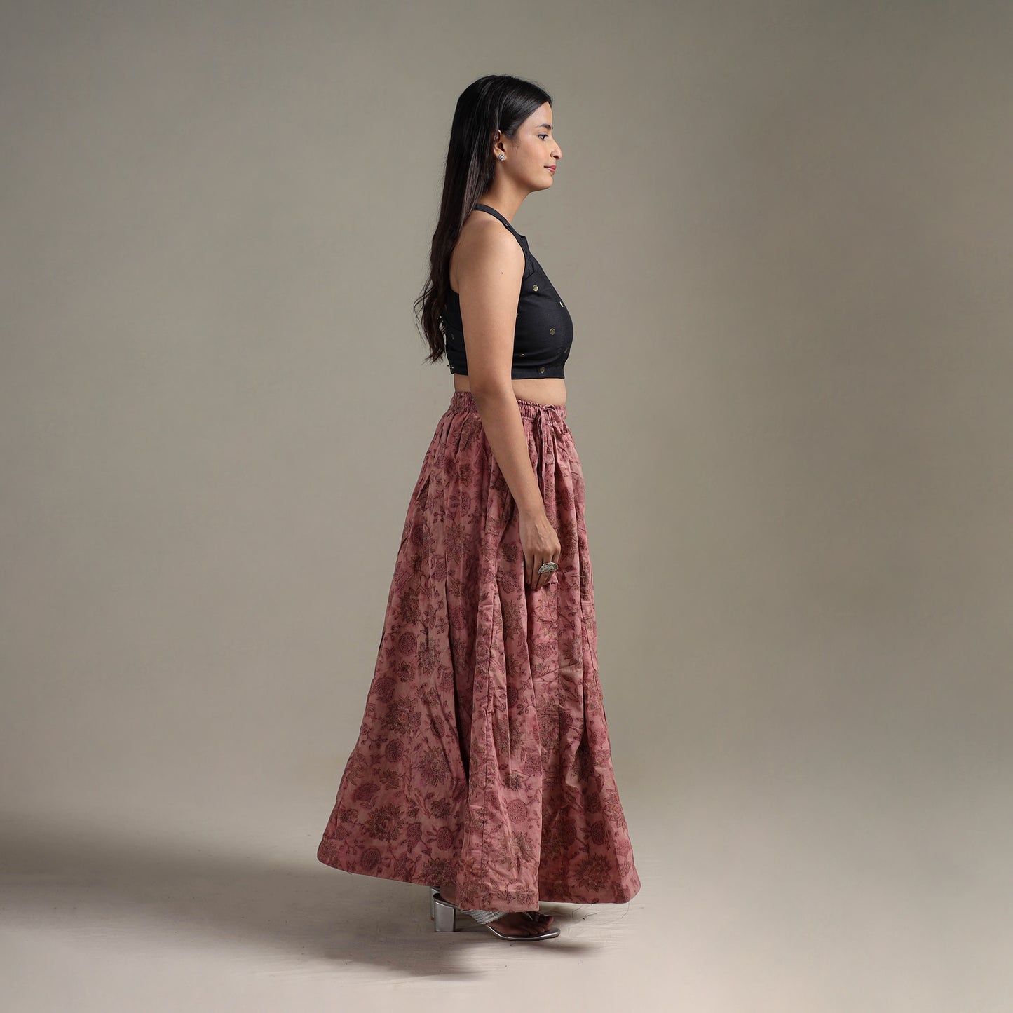 Bagru Hand Block Print 24 Kali Patchwork Natural Dyed Cotton Long Skirt 17