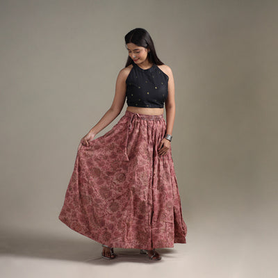Bagru Hand Block Print 24 Kali Patchwork Natural Dyed Cotton Long Skirt 17