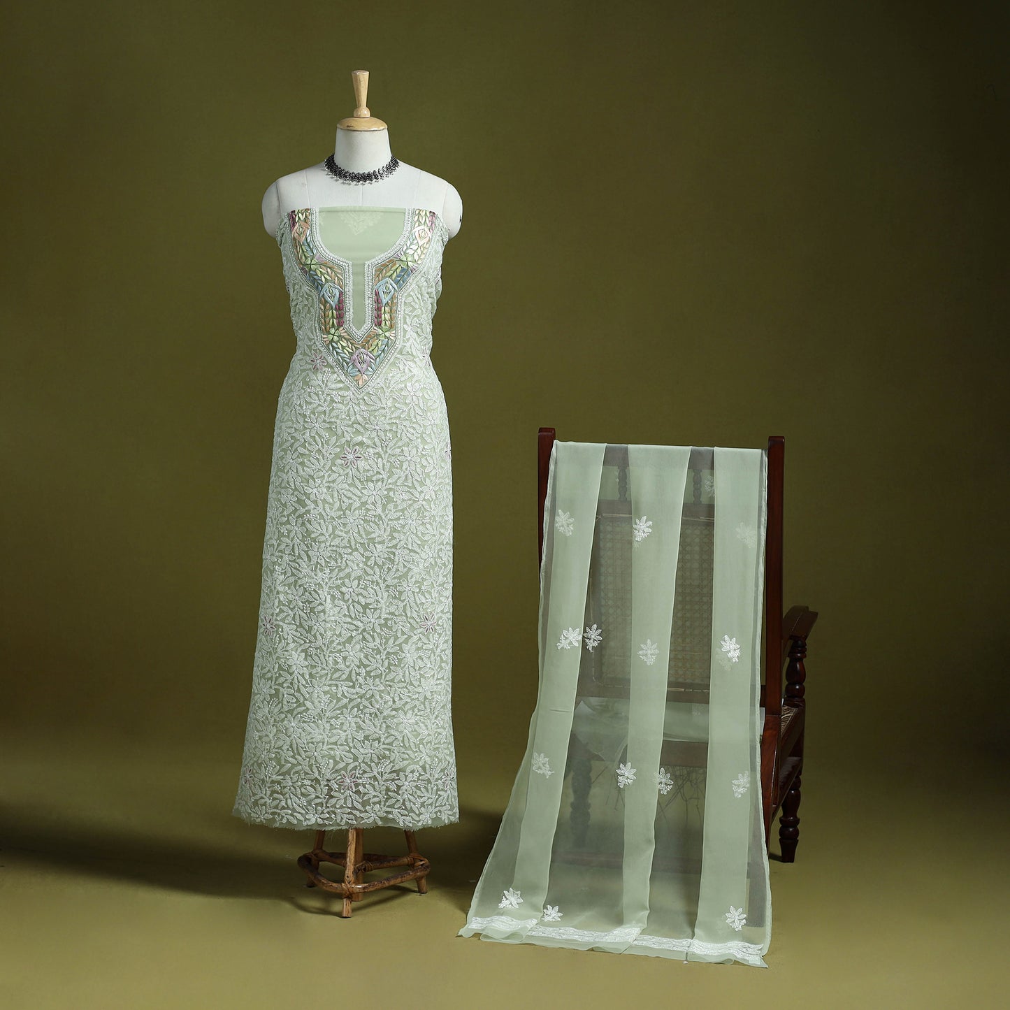 Lucknowi Hand Embroidered Chikankari Georgette 3pc Unstitched Dress Material 07