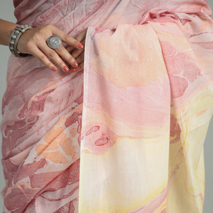 Pink - Hand Marble Printed Mul Cotton Saree 17