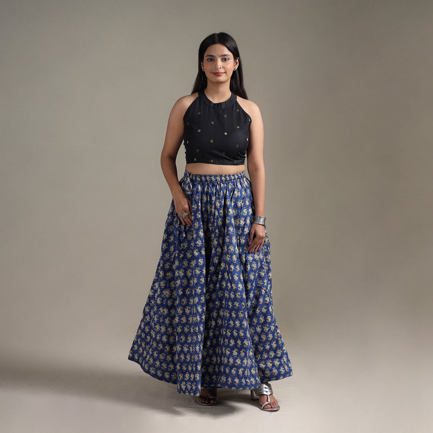 Bagru Hand Block Print 24 Kali Patchwork Natural Dyed Cotton Long Skirt 18