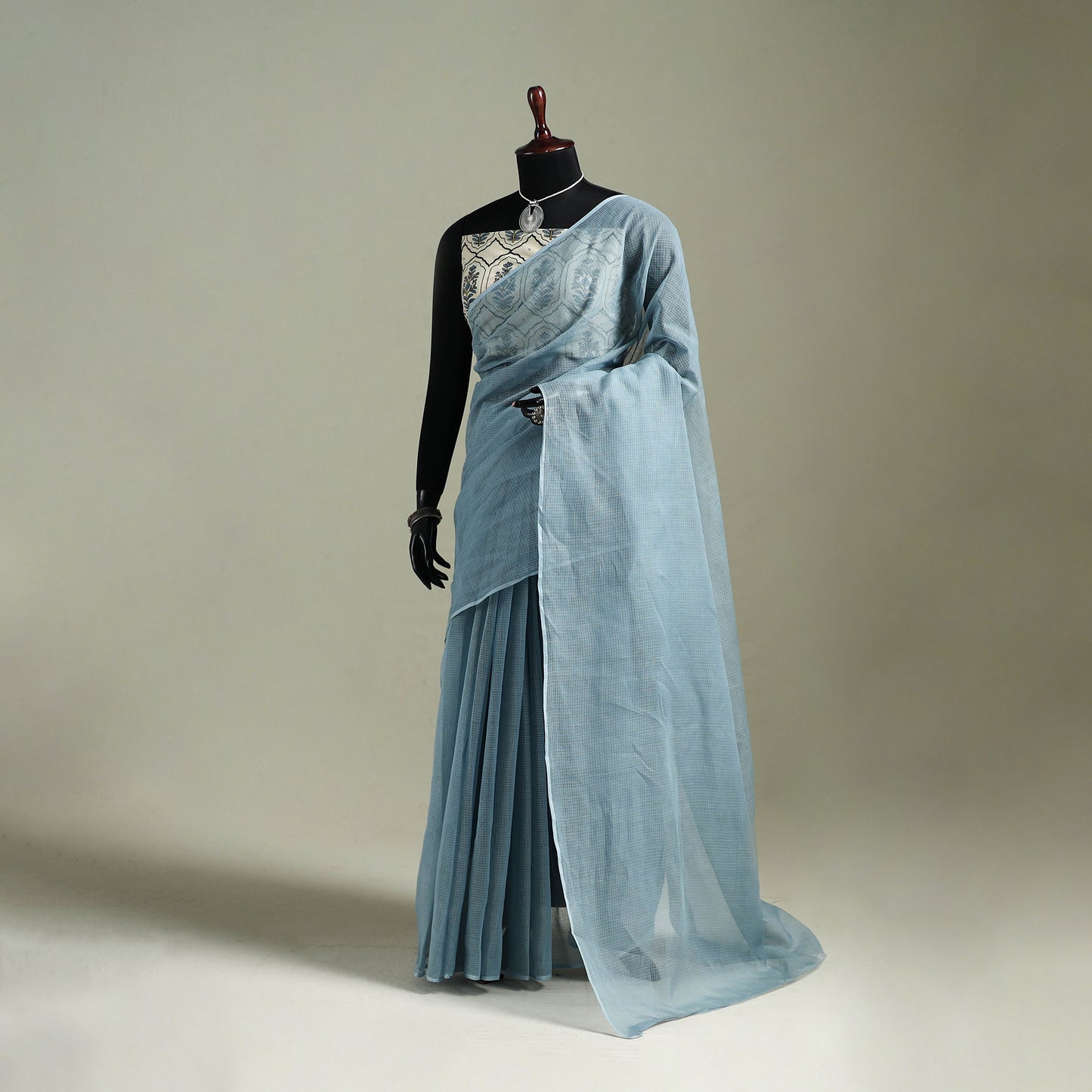 Blue - Nazaakat Kota Doria Cotton Plain Saree with Blouse & Jewellery Set 31