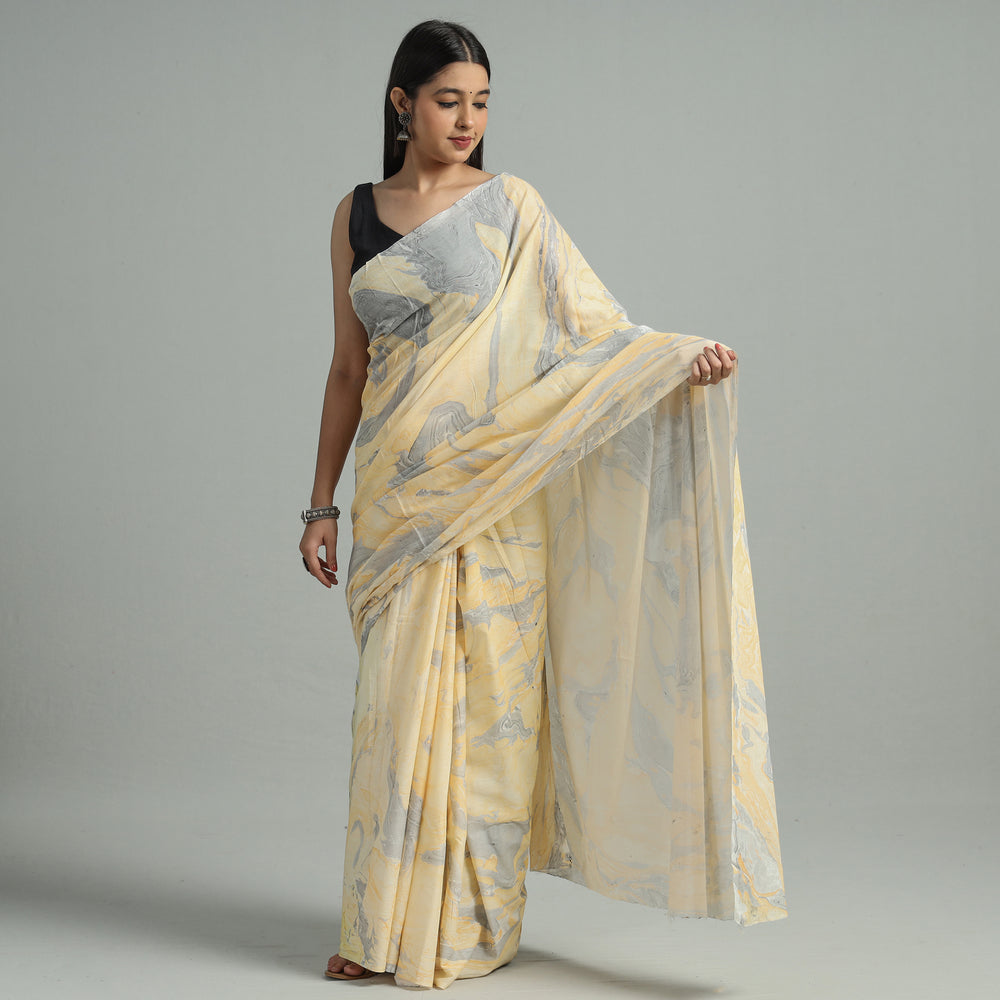 Yellow - Hand Marble Printed Mul Cotton Saree 18