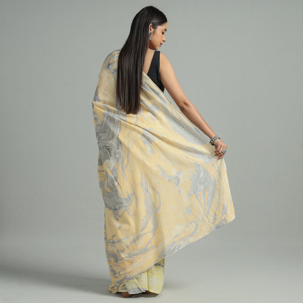 Yellow - Hand Marble Printed Mul Cotton Saree 18