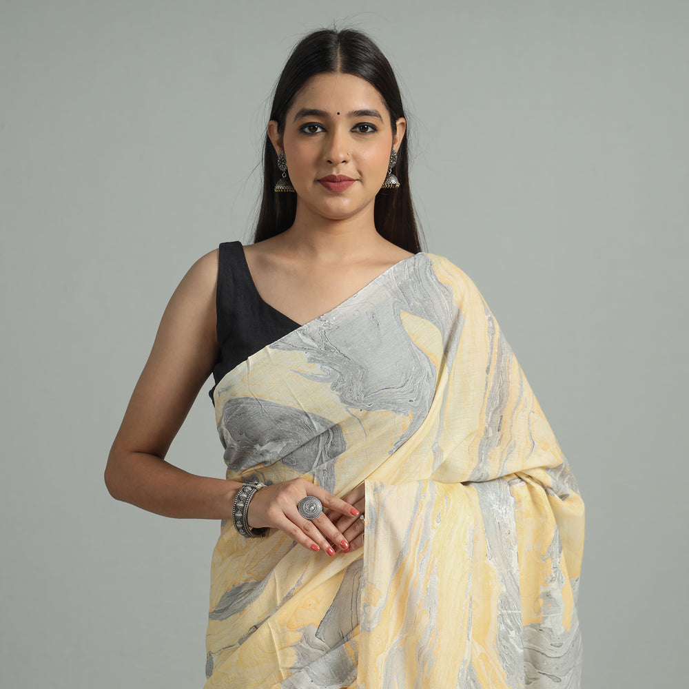 Yellow - Hand Marble Printed Mul Cotton Saree 18