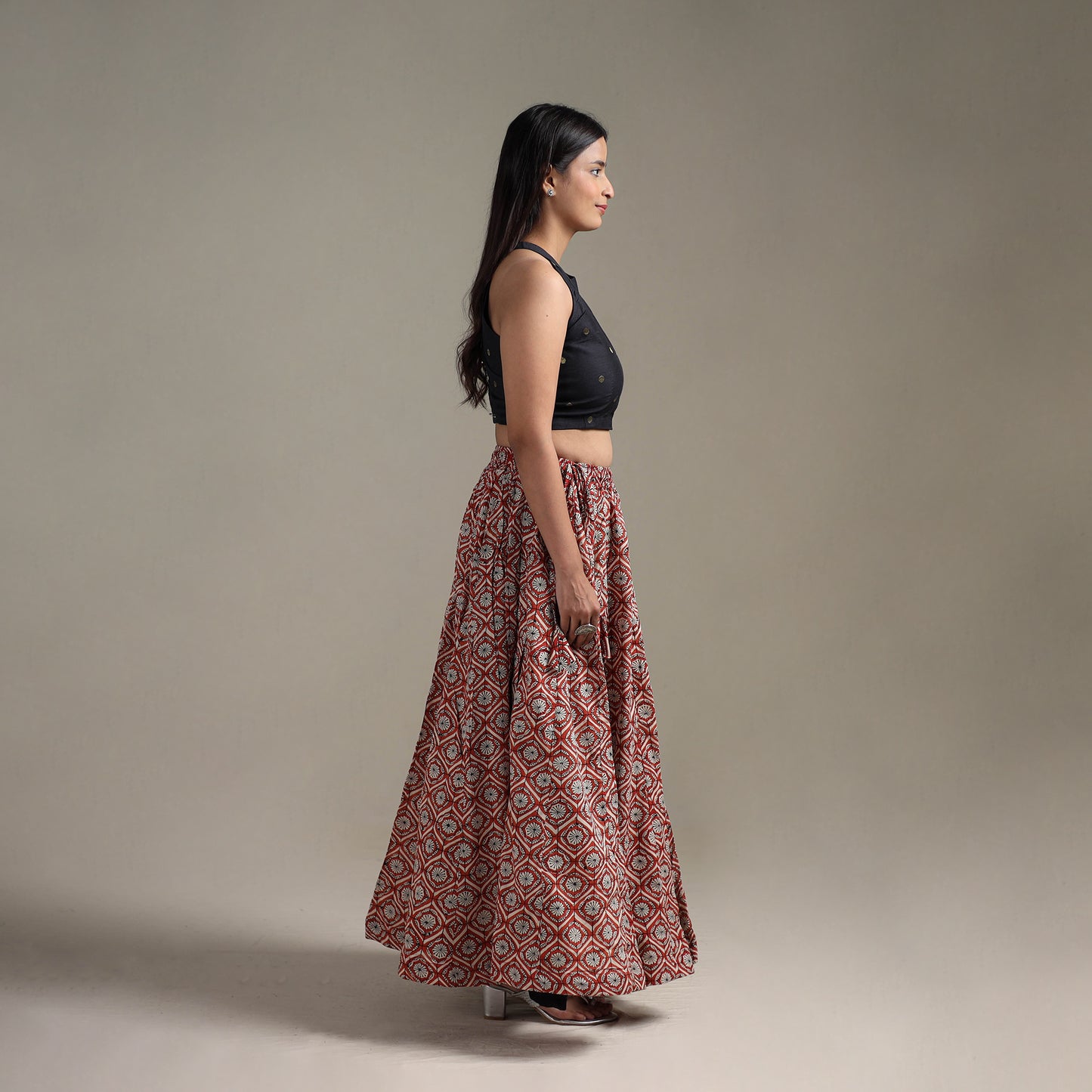 Bagru Hand Block Print 24 Kali Patchwork Natural Dyed Cotton Long Skirt 19