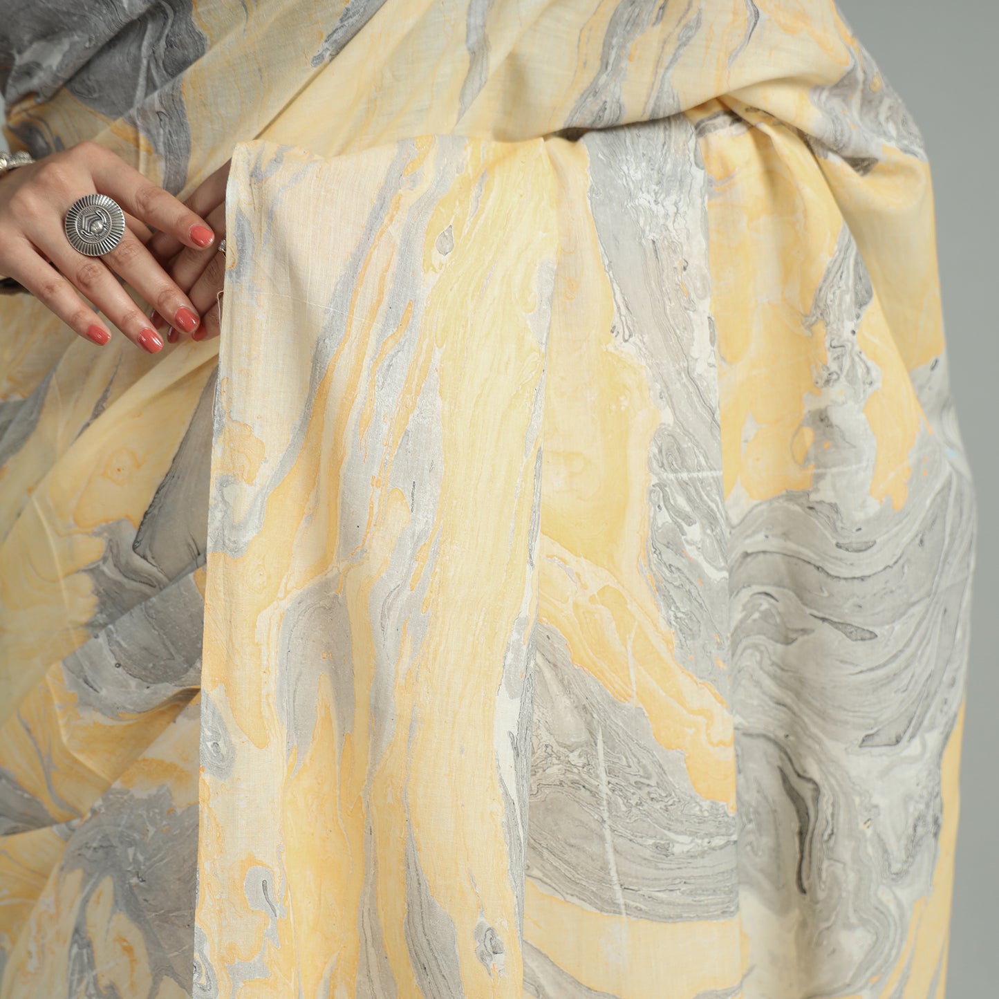 Yellow - Hand Marble Printed Mul Cotton Saree 18