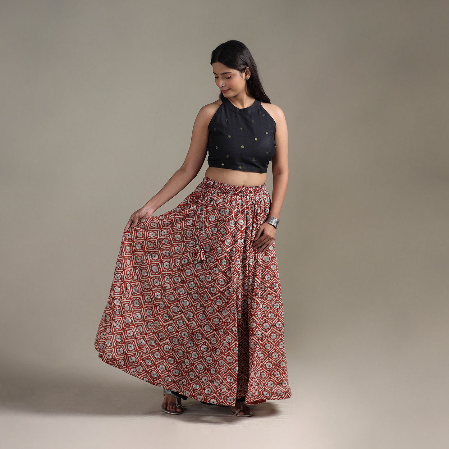 Bagru Hand Block Print 24 Kali Patchwork Natural Dyed Cotton Long Skirt 19