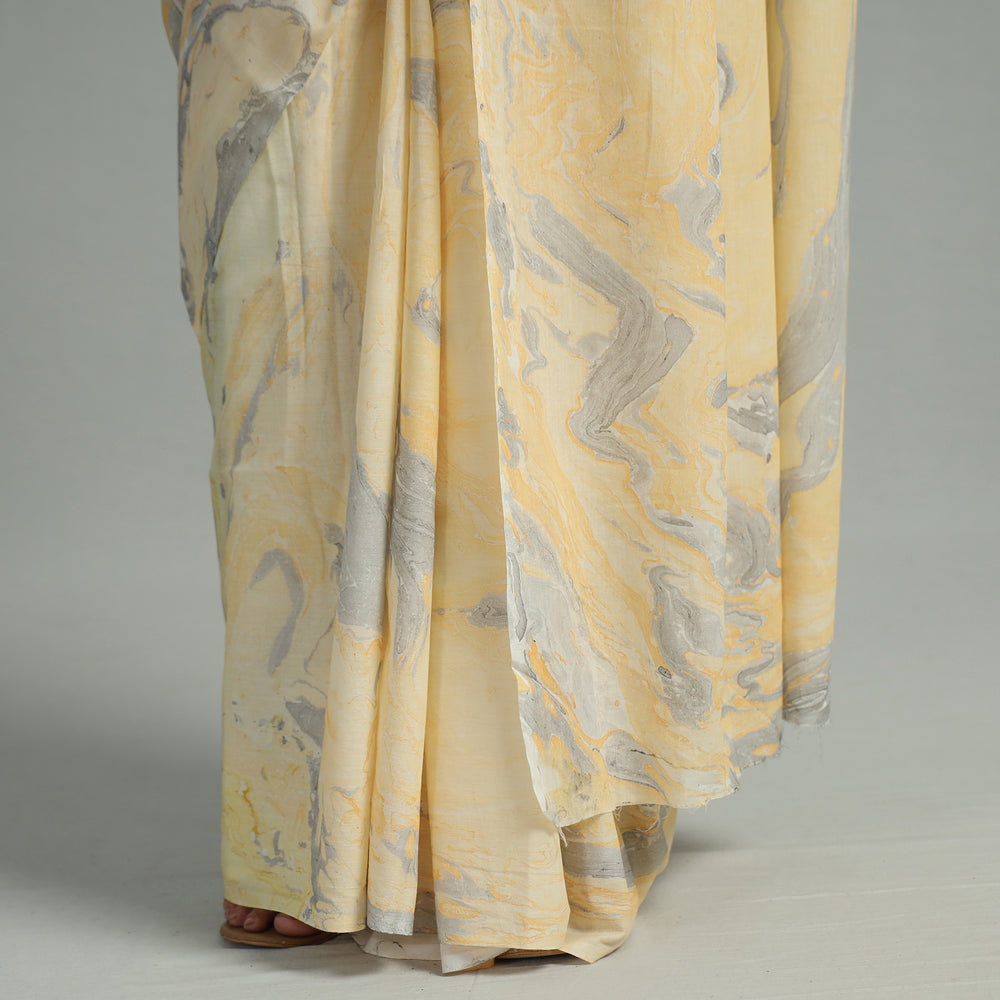 Yellow - Hand Marble Printed Mul Cotton Saree 18