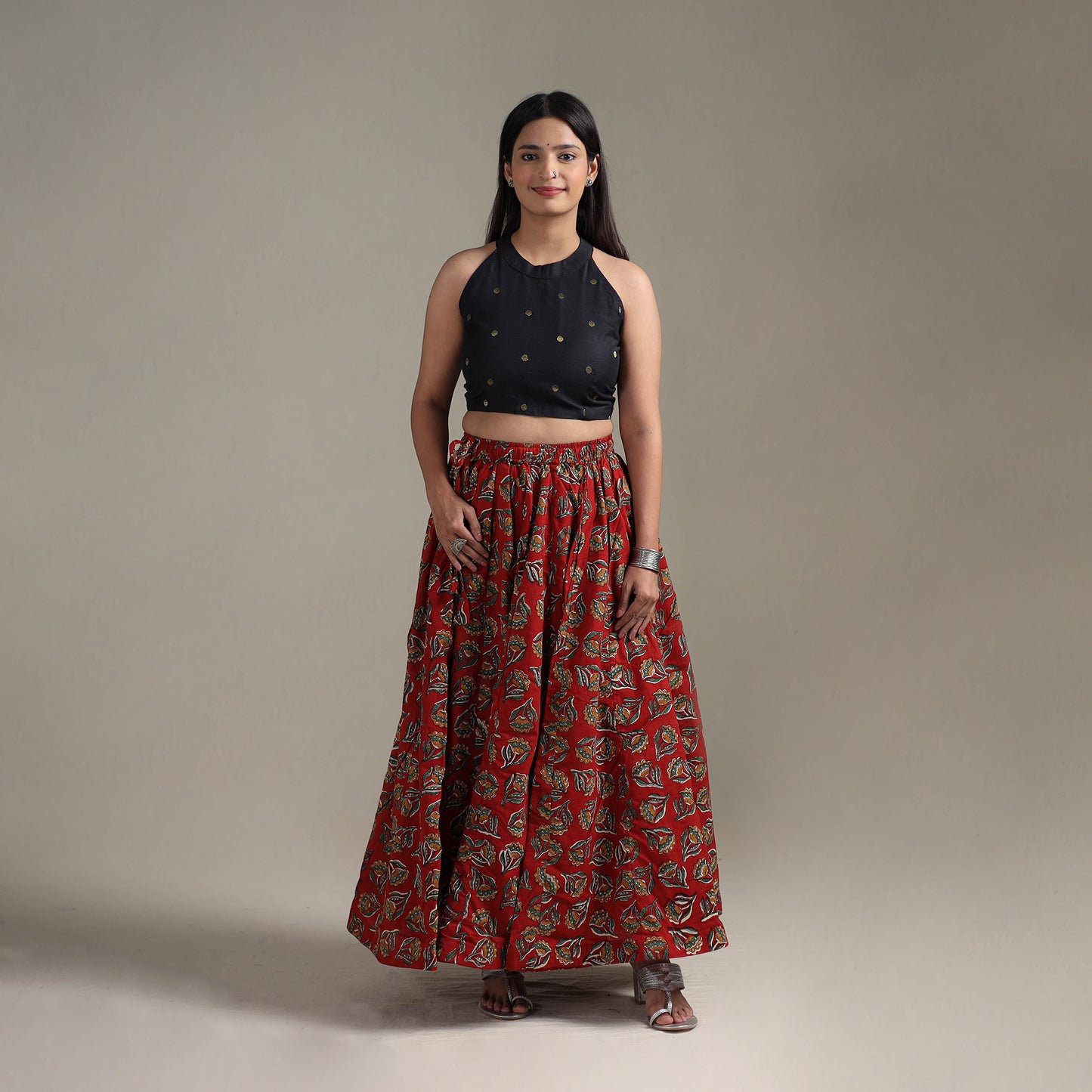 Bagru Hand Block Print 24 Kali Patchwork Natural Dyed Cotton Long Skirt 20