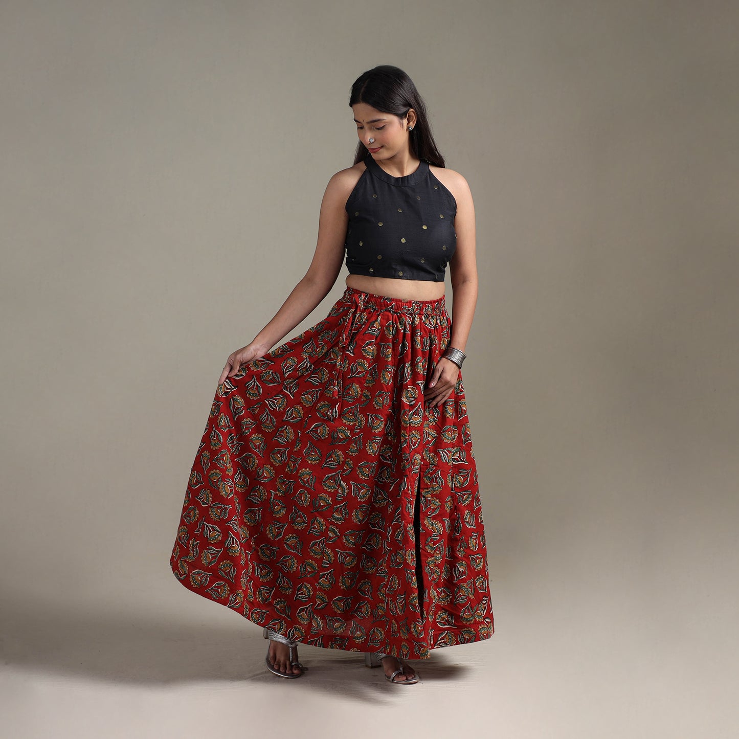 Bagru Hand Block Print 24 Kali Patchwork Natural Dyed Cotton Long Skirt 20