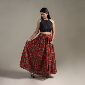 Red - Bagru Hand Block Print 24 Kali Patchwork Natural Dyed Cotton Long Skirt 20