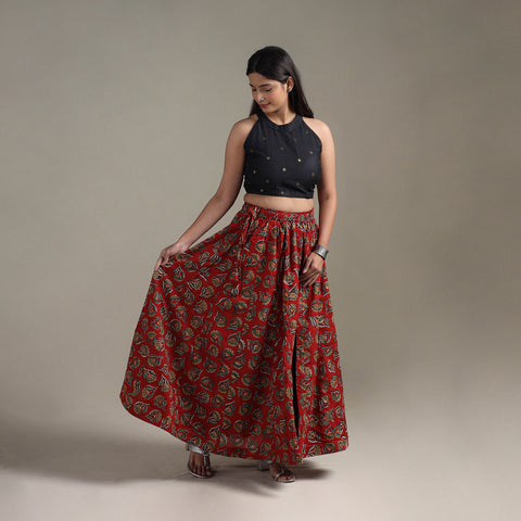 Red - Bagru Hand Block Print 24 Kali Patchwork Natural Dyed Cotton Long Skirt 20
