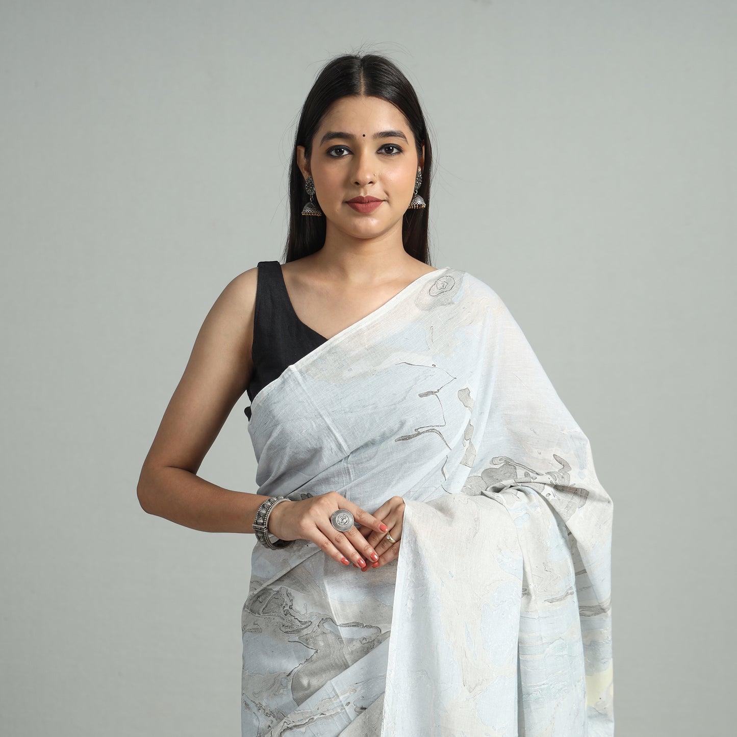 Blue - Hand Marble Printed Mul Cotton Saree 19