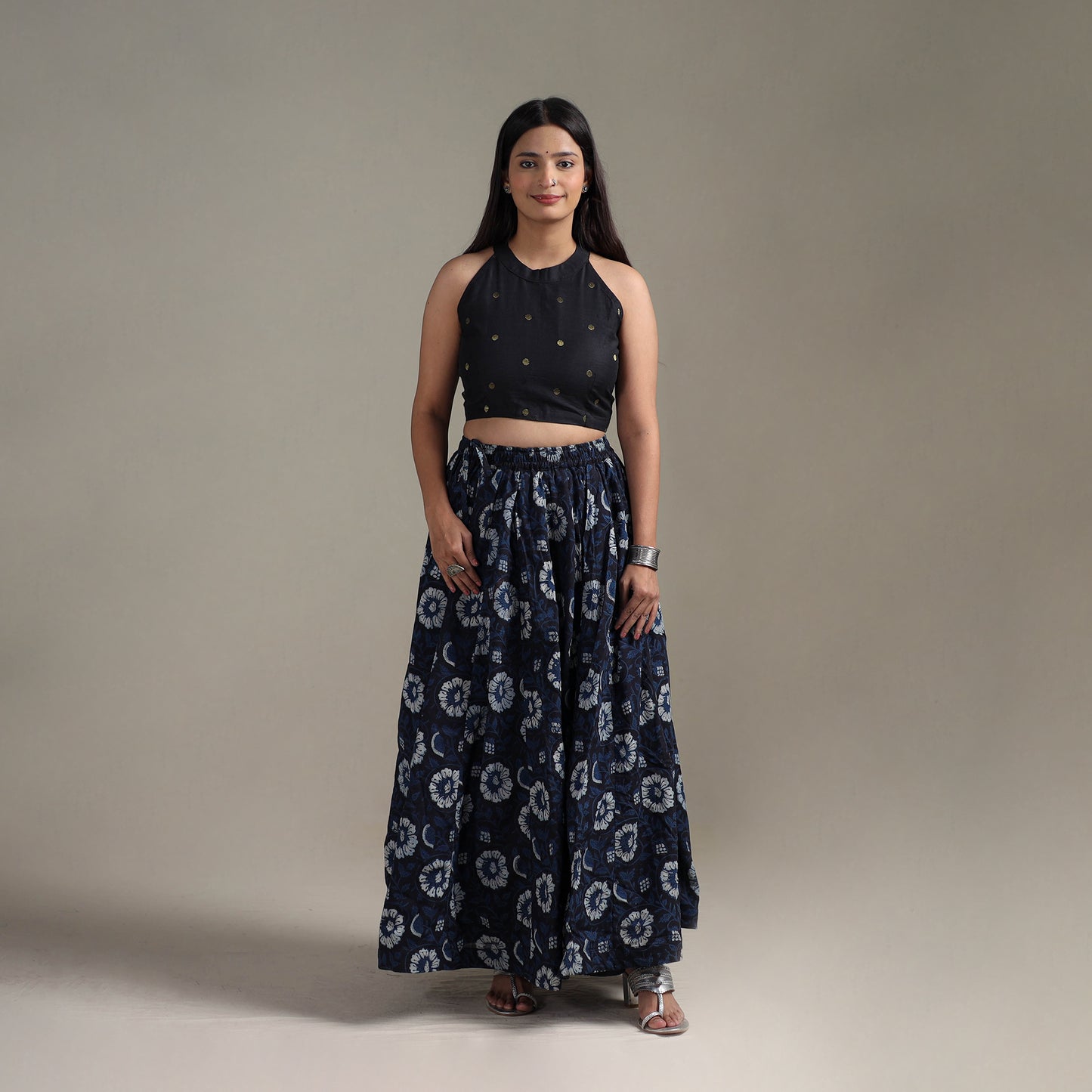 Bagru Hand Block Print 24 Kali Patchwork Natural Dyed Cotton Long Skirt 21