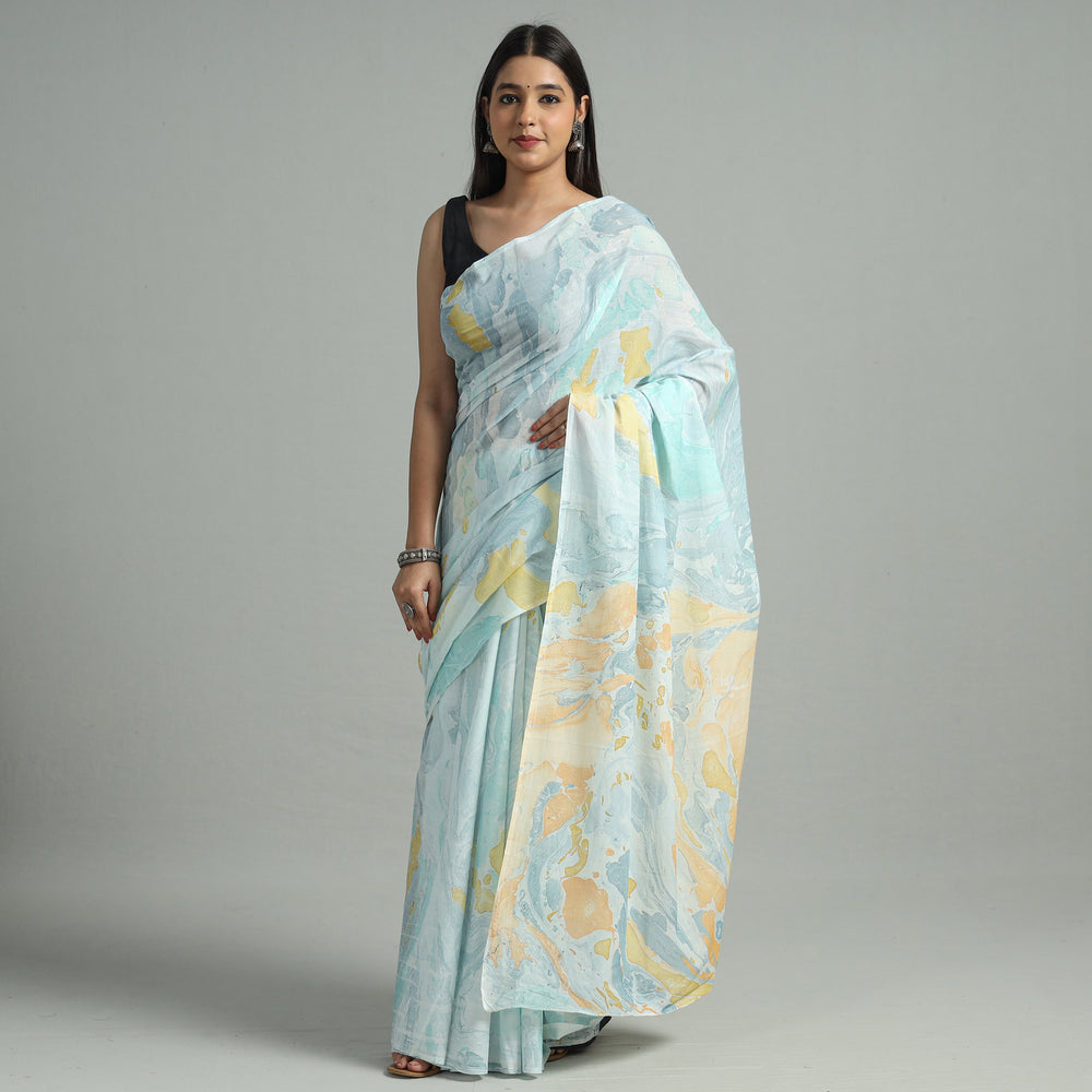 Blue - Hand Marble Printed Mul Cotton Saree 20