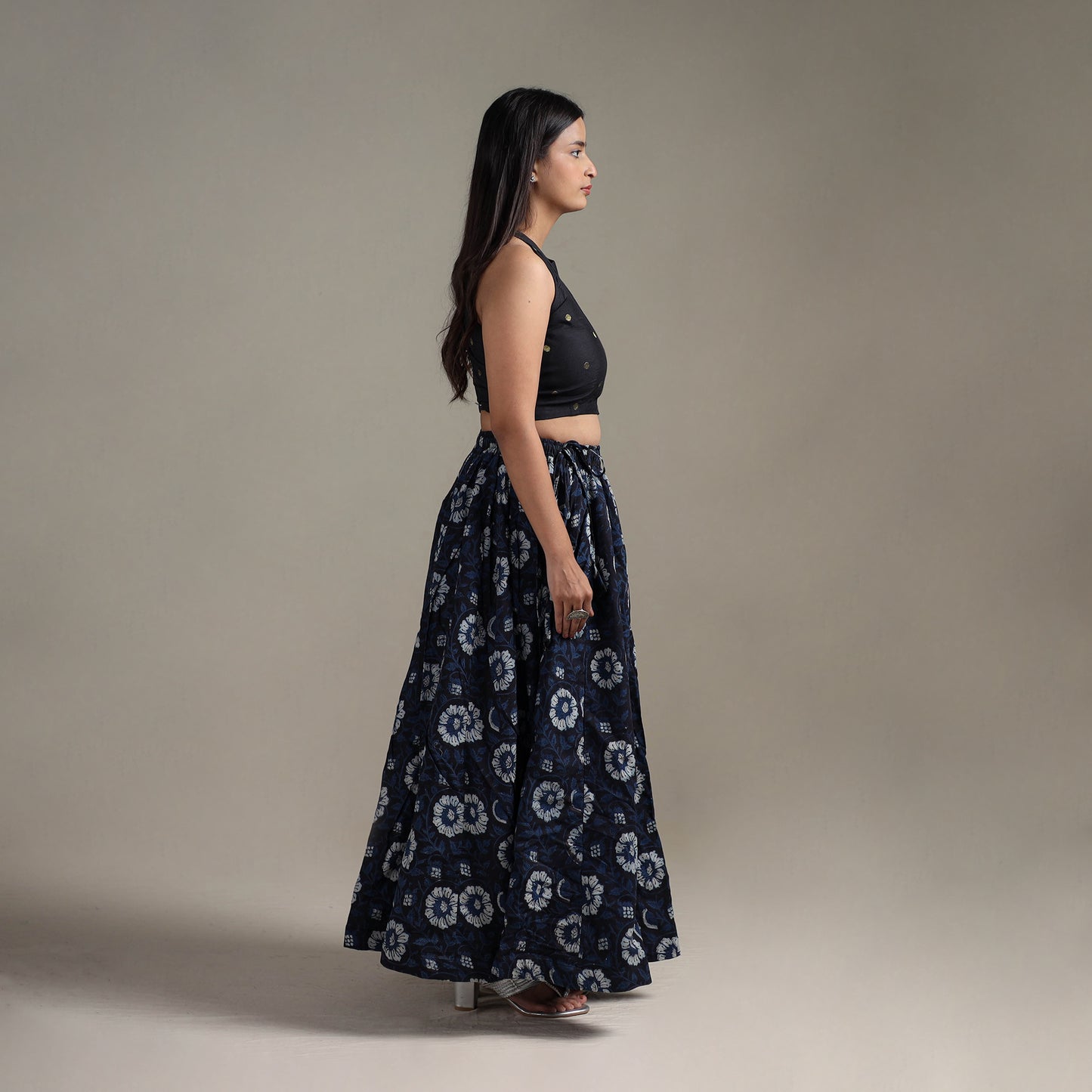 Bagru Hand Block Print 24 Kali Patchwork Natural Dyed Cotton Long Skirt 21