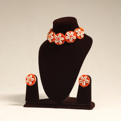 Navratri Special! Orange Thread & Shell Work Necklace Set