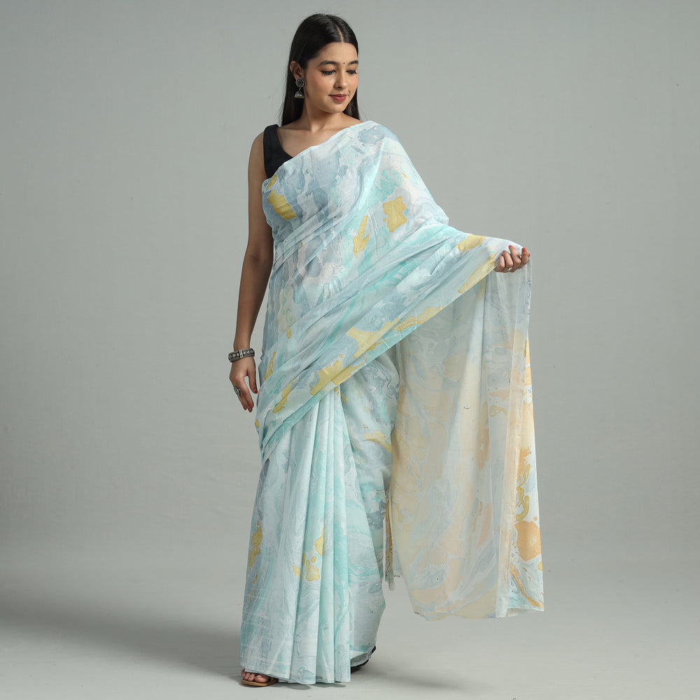 Blue - Hand Marble Printed Mul Cotton Saree 20