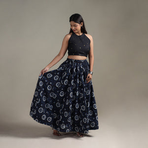 Blue - Bagru Hand Block Print 24 Kali Patchwork Natural Dyed Cotton Long Skirt 21