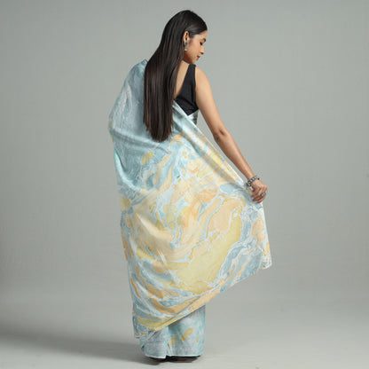 Blue - Hand Marble Printed Mul Cotton Saree 20