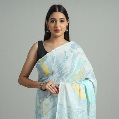 Blue - Hand Marble Printed Mul Cotton Saree 20