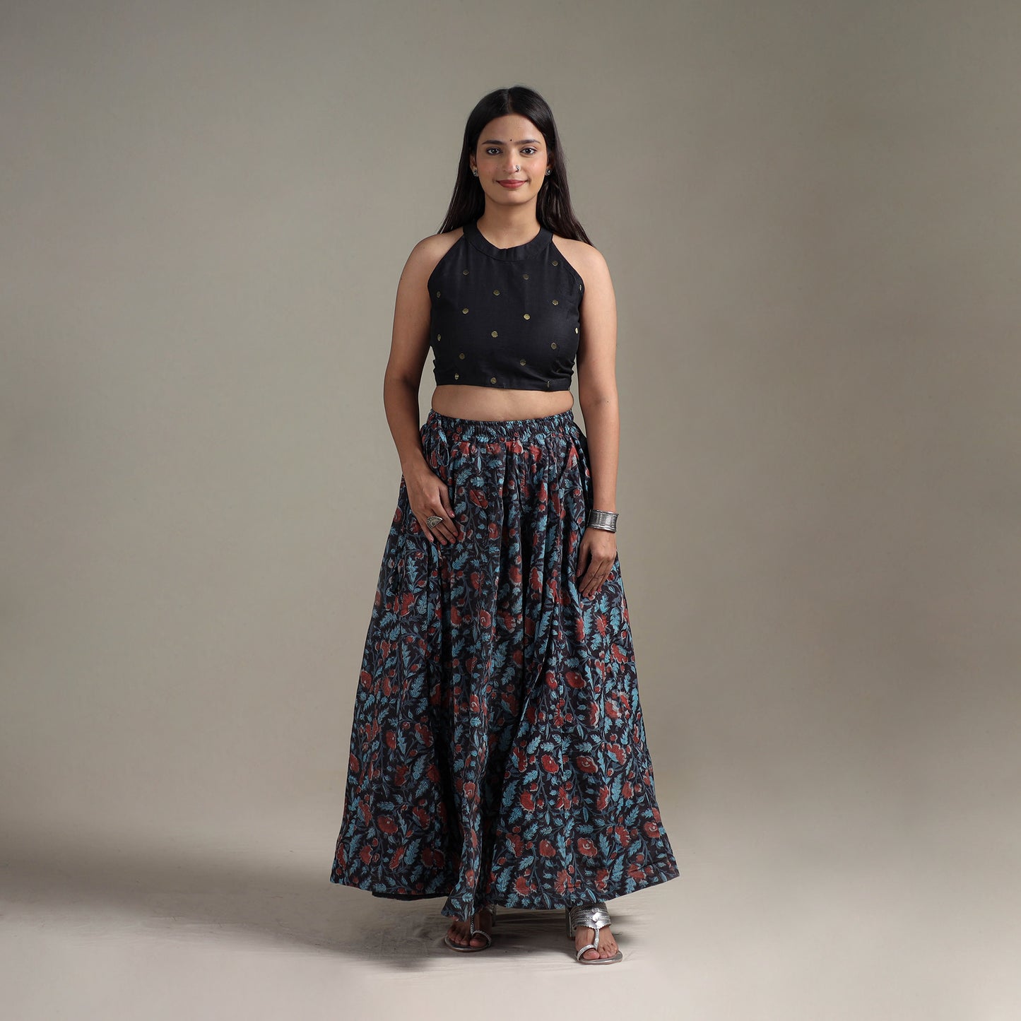 Bagru Hand Block Print 24 Kali Patchwork Natural Dyed Cotton Long Skirt 22