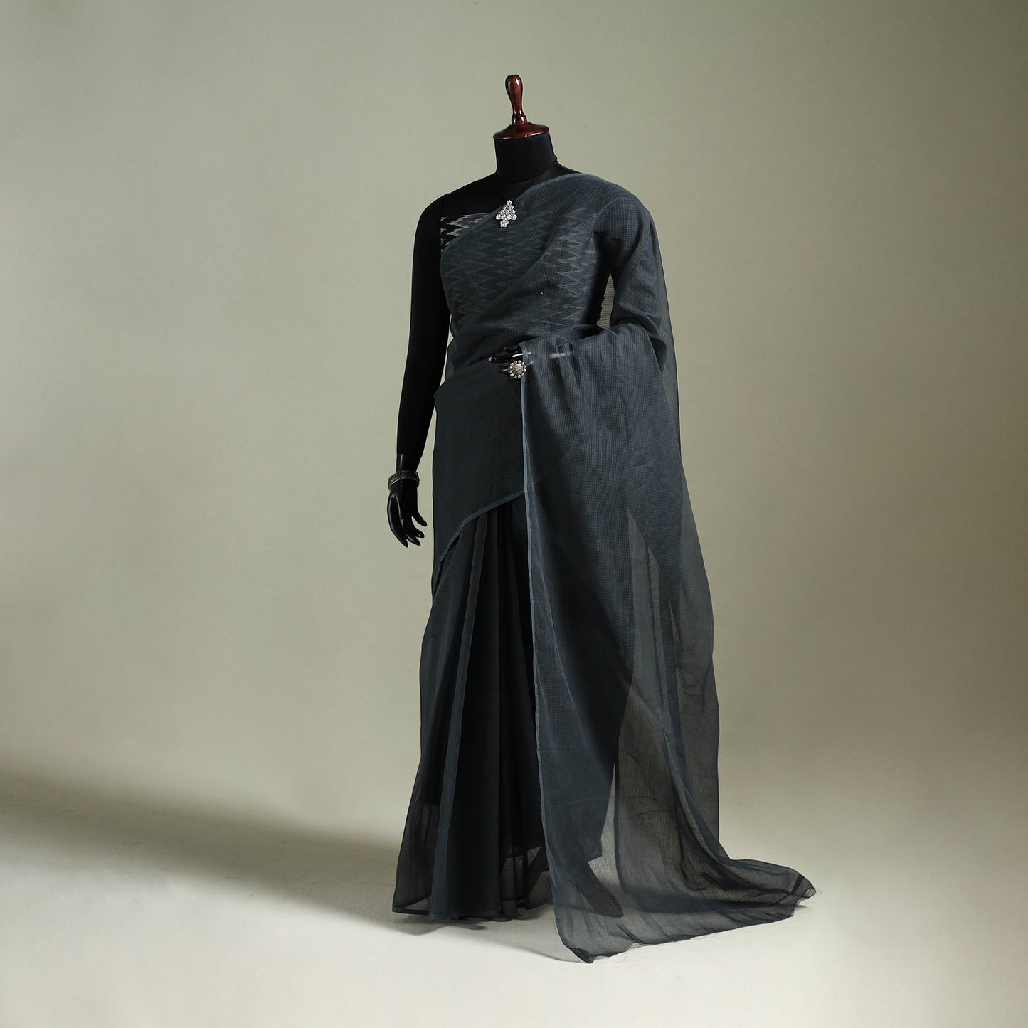Grey - Nazaakat Kota Doria Cotton Plain Saree with Blouse & Jewellery Set 34