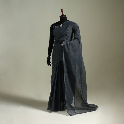 Grey - Nazaakat Kota Doria Cotton Plain Saree with Blouse & Jewellery Set 34