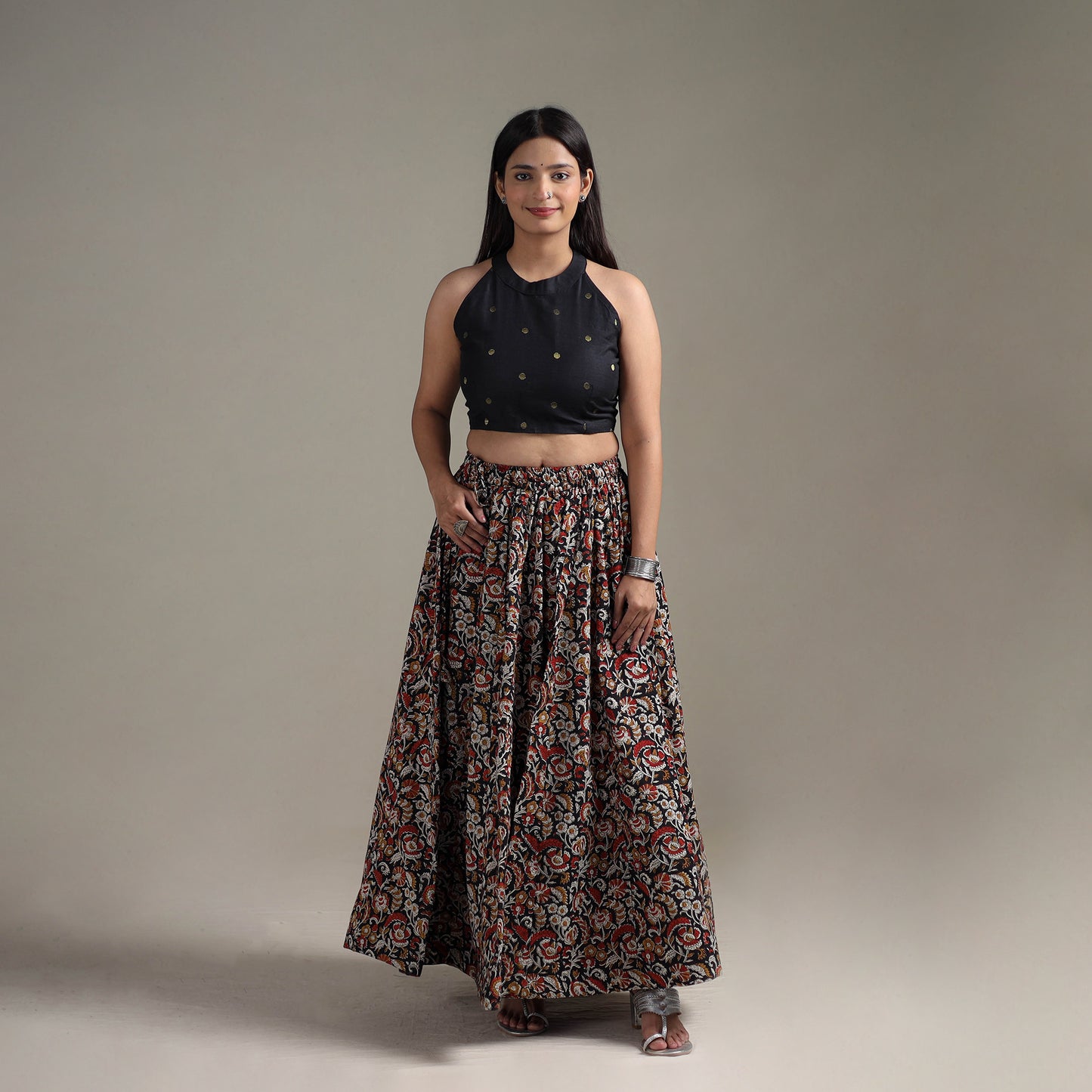 Bagru Hand Block Print 24 Kali Patchwork Natural Dyed Cotton Long Skirt 23