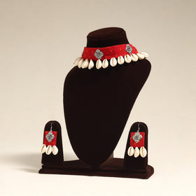 Navratri Special! Red Fabart German Silver & Shell Work Necklace Set 