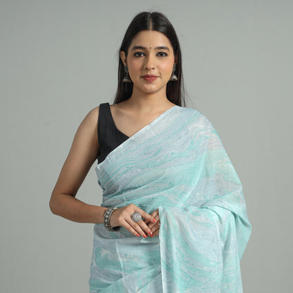 Blue - Hand Marble Printed Mul Cotton Saree 21