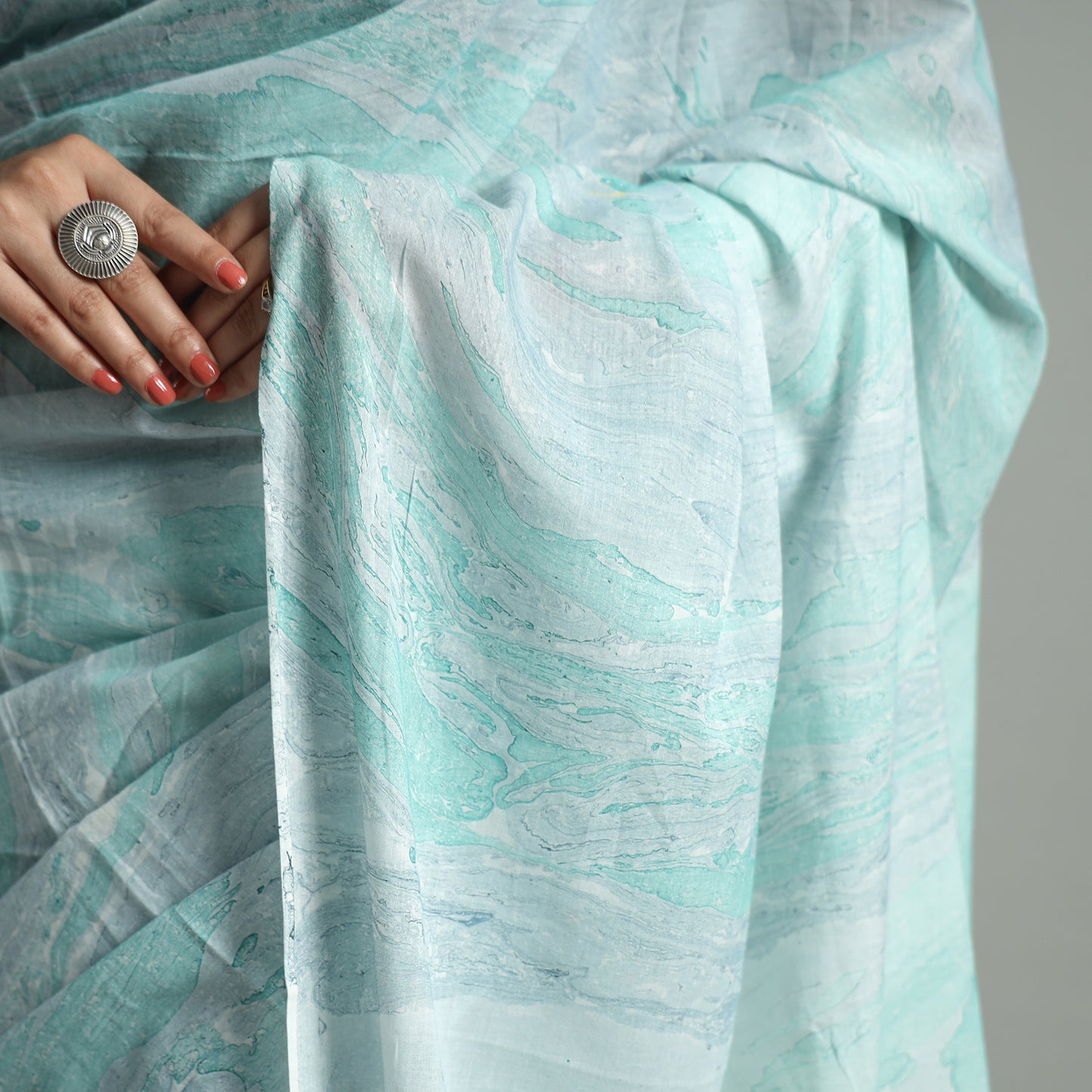 Blue - Hand Marble Printed Mul Cotton Saree 21
