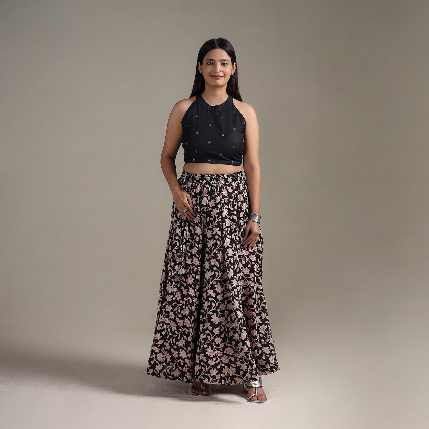 Bagru Hand Block Print 24 Kali Patchwork Natural Dyed Cotton Long Skirt 24