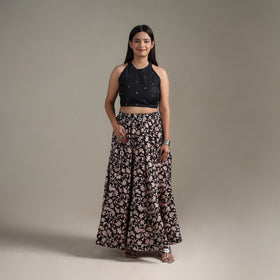 Bagru Hand Block Print 24 Kali Patchwork Natural Dyed Cotton Long Skirt 24