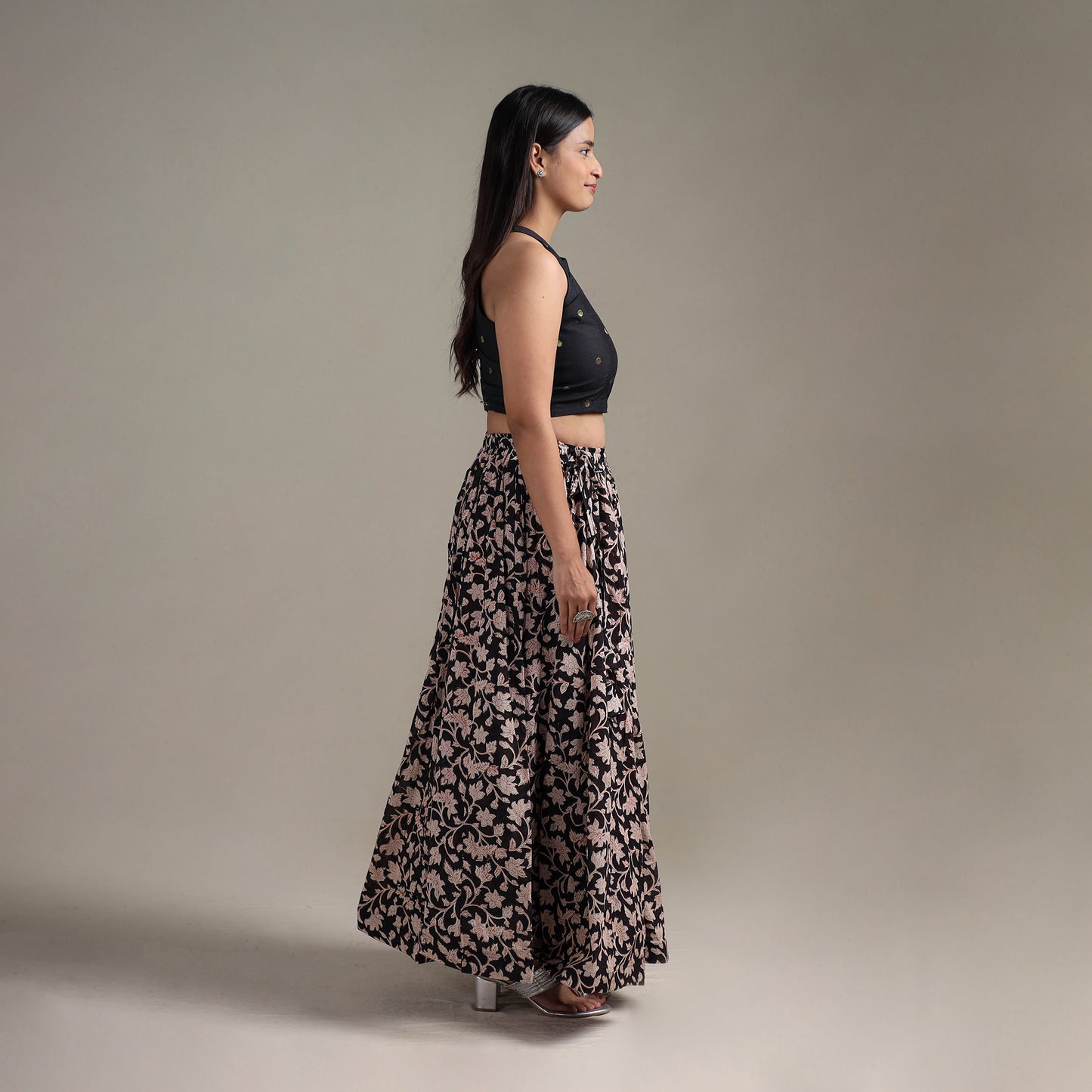 Bagru Hand Block Print 24 Kali Patchwork Natural Dyed Cotton Long Skirt 24
