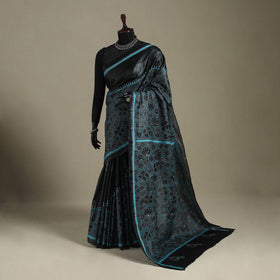 Black - bengal hand embroidery tussar silk handloom kantha