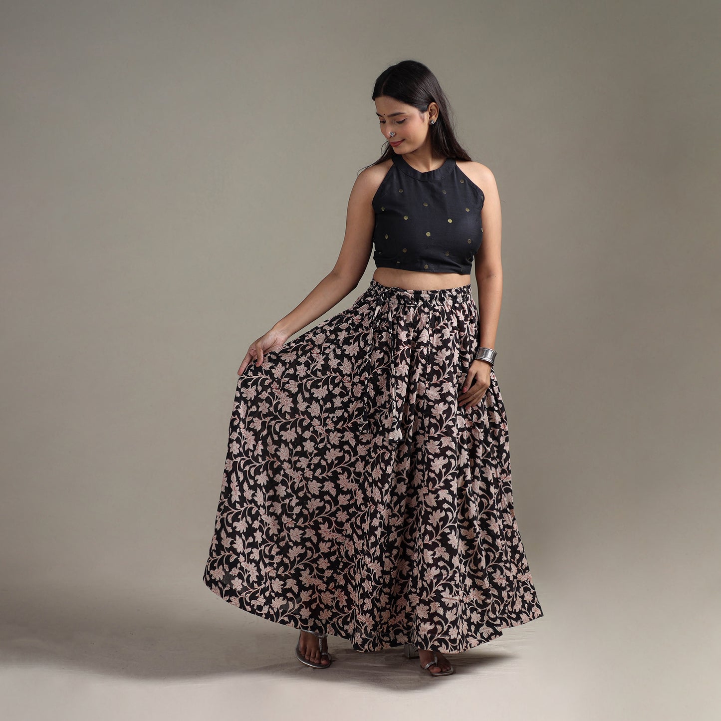 Bagru Hand Block Print 24 Kali Patchwork Natural Dyed Cotton Long Skirt 24