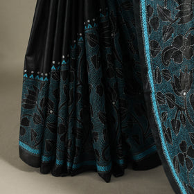Black - bengal hand embroidery tussar silk handloom kantha