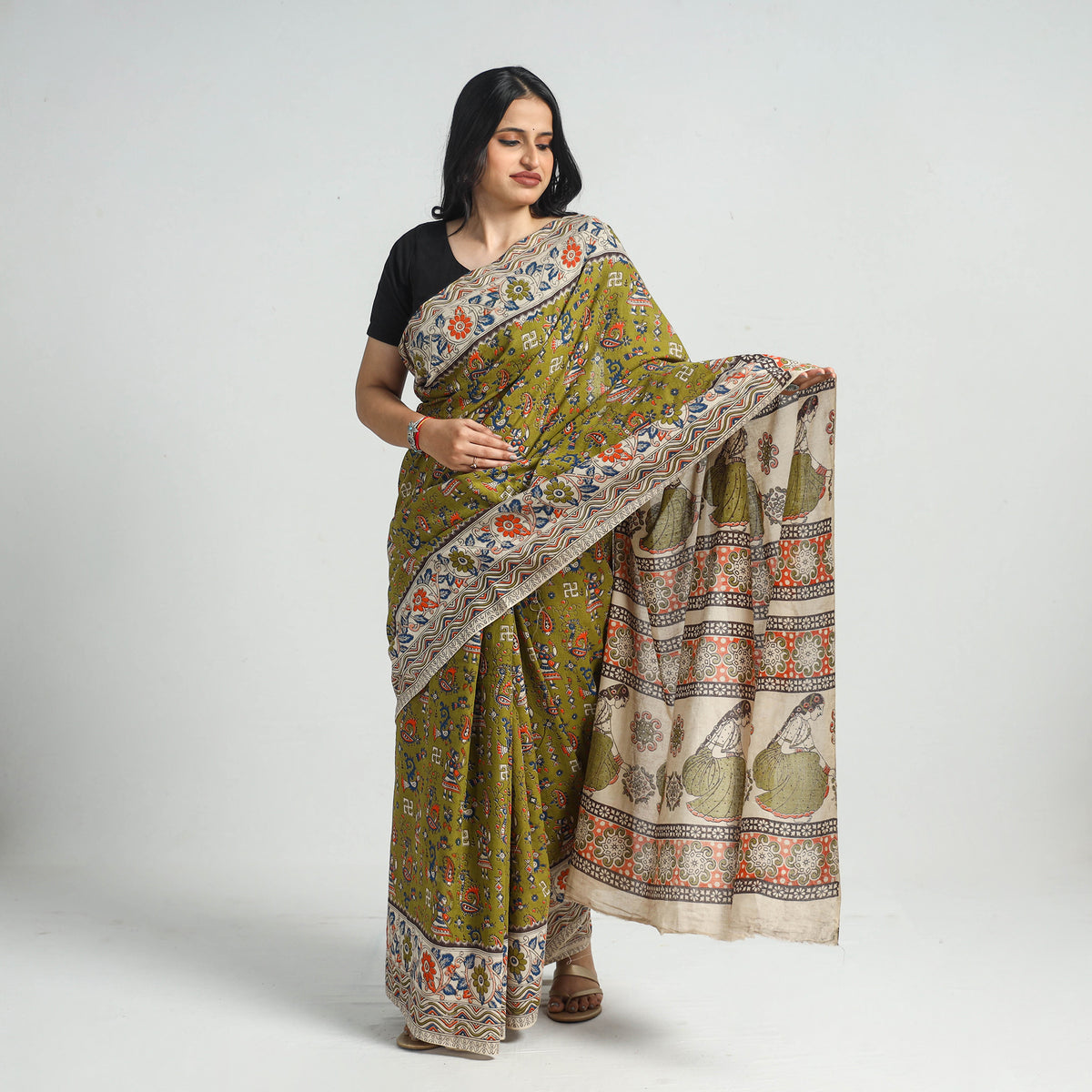 Green - Printed Cotton Kalamkari Saree with Blouse Piece 20