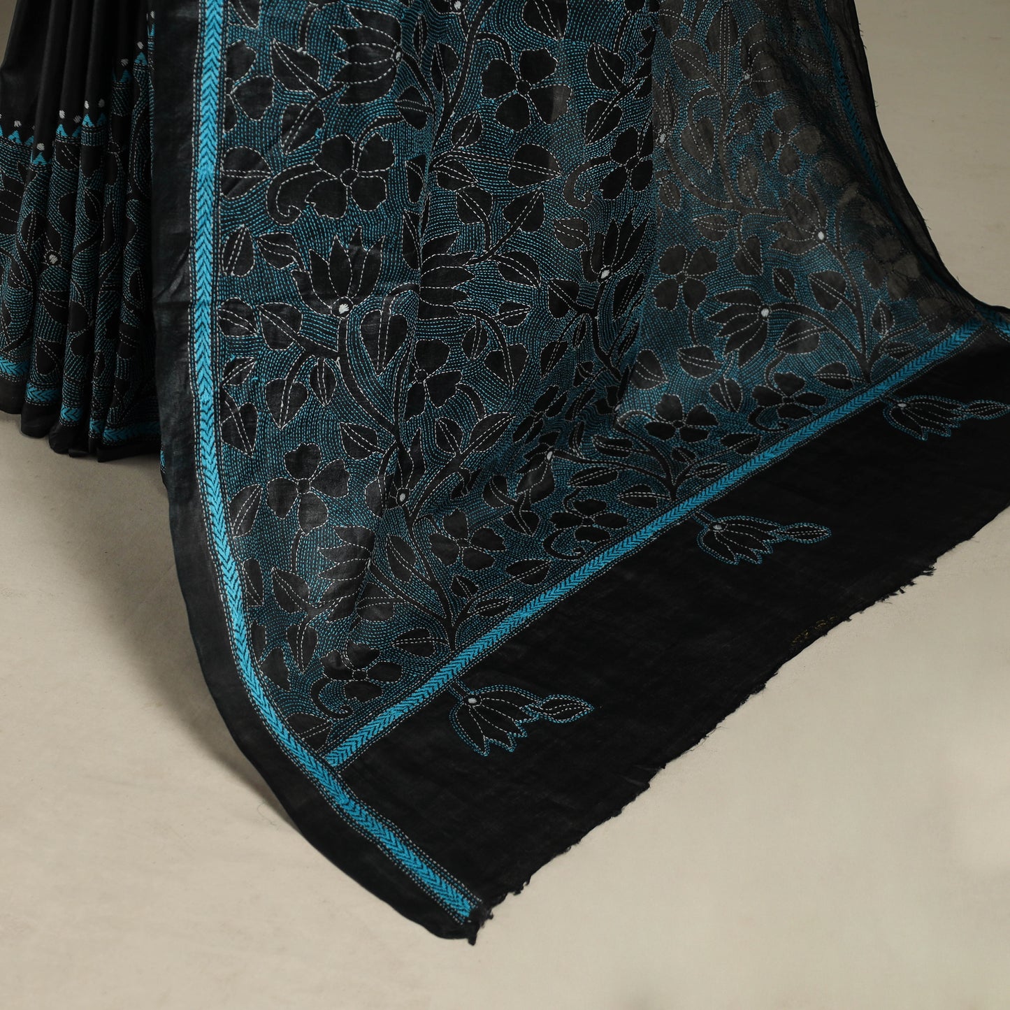 Black - bengal hand embroidery tussar silk handloom kantha